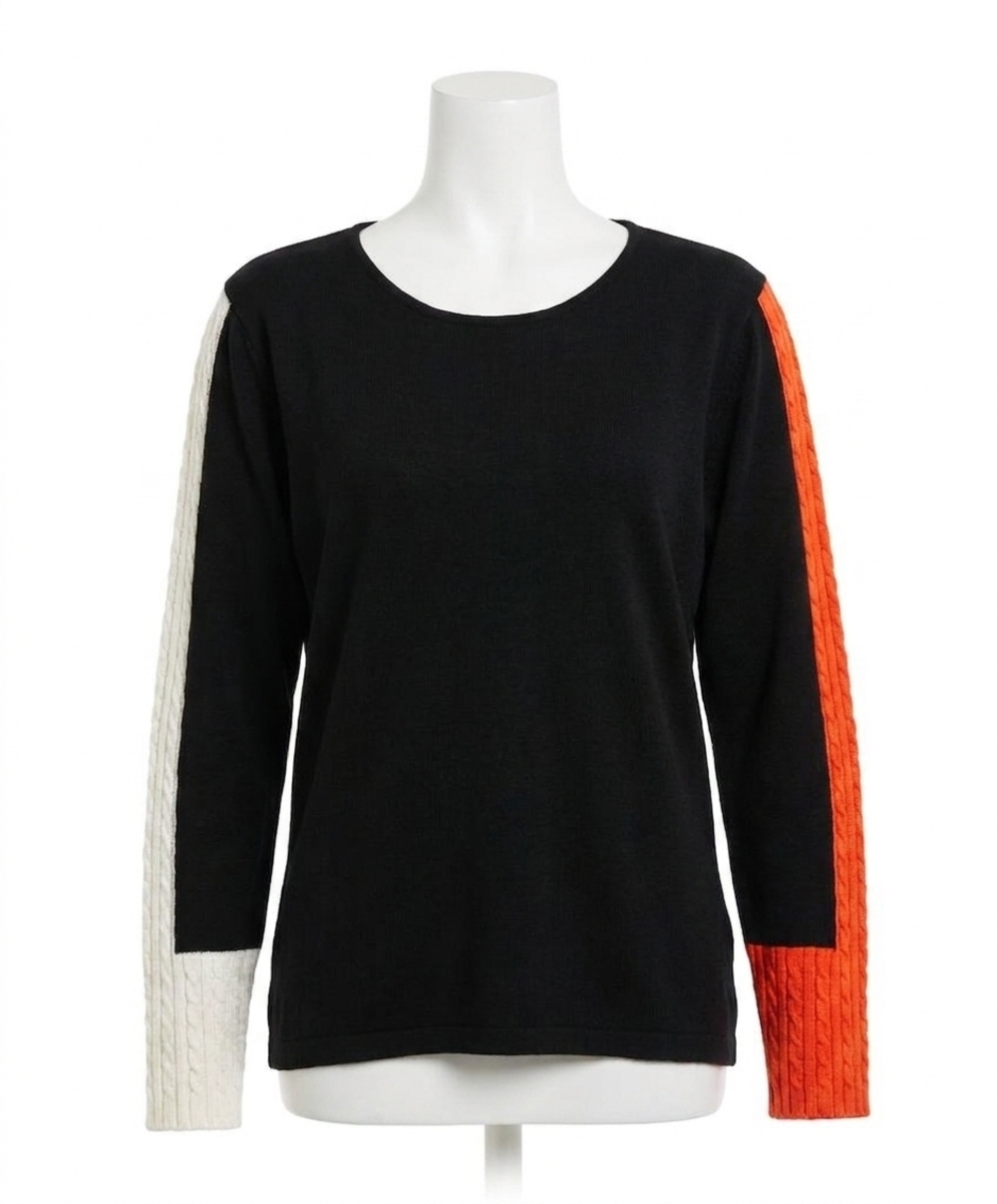 NEW FRENCH KYSS braided sleeve scoop neck top in black / coral